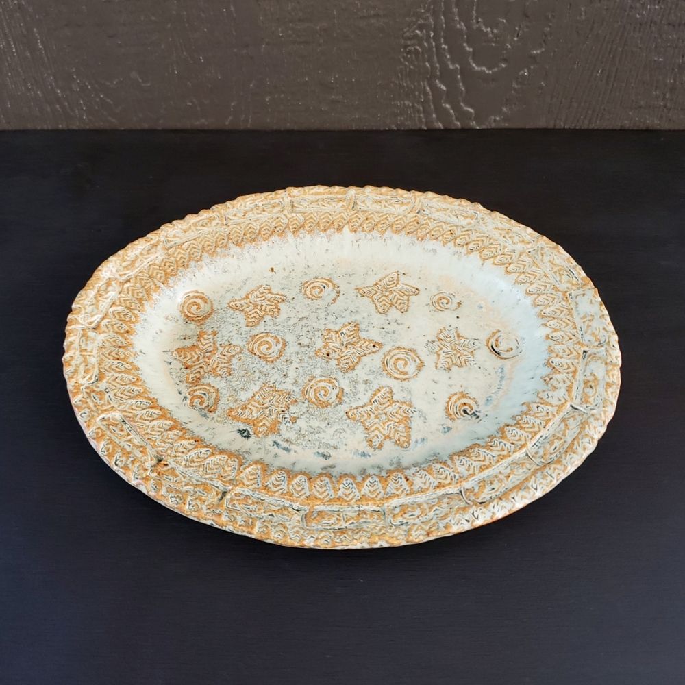 Signed Handmade Studio Art Pottery Starfish Serving Plate Oval Ceramic Platter
